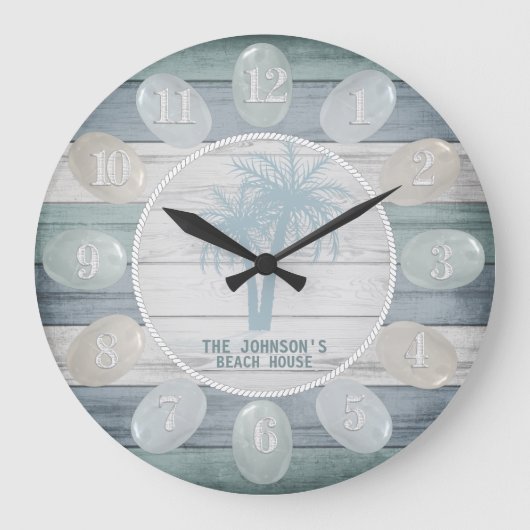 Blue Beach Wood Sea Glass & Palm Trees Große Wanduhr (Vorderseite)