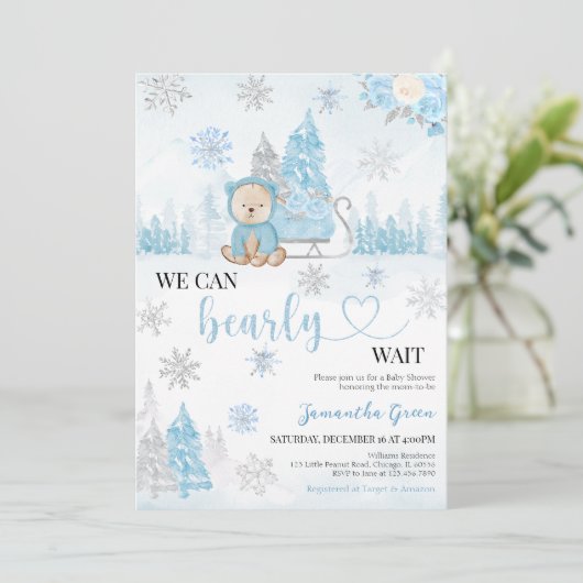 Blue Bear Baby Dusche Einladung (Stehend Vorderseite)