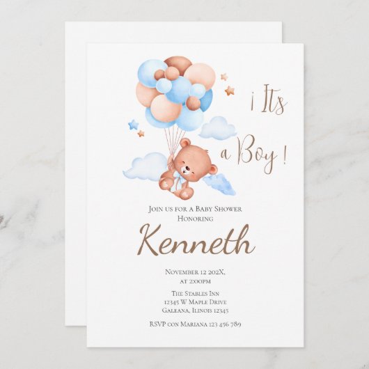 Blue Bear Baby Shower Boy Einladung (Vorne/Hinten)