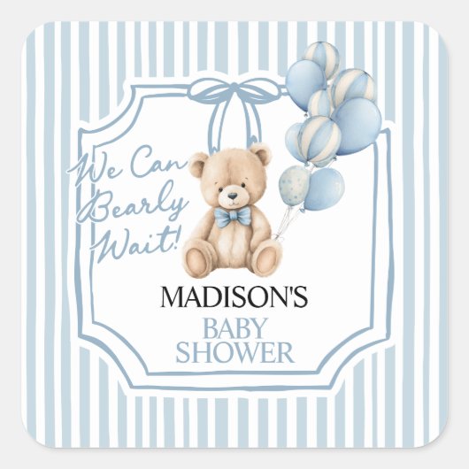 Blue Bear Baby Shower Quadratischer Aufkleber (Vorderseite)
