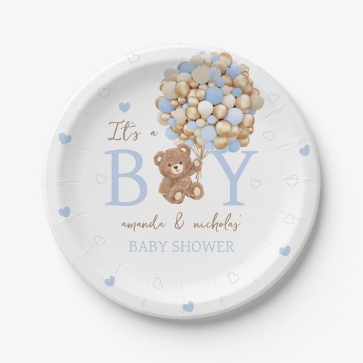 Blue Bear Balloon Baby Dusche Pappteller (Vorderseite)