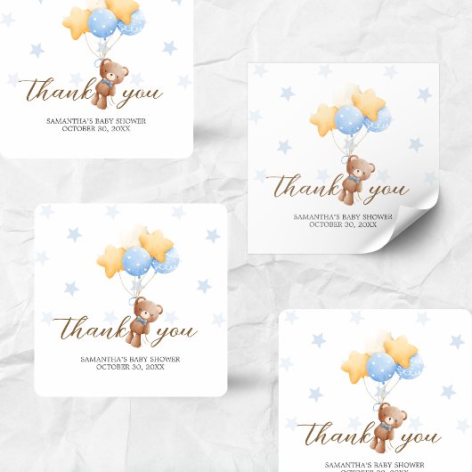 Blue Bear Balloon Baby Dusche Quadratischer Aufkleber