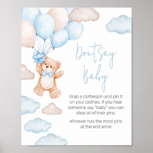 Blue Bear Balloon Baby Dusche Say Baby nicht Poster (Vorne)