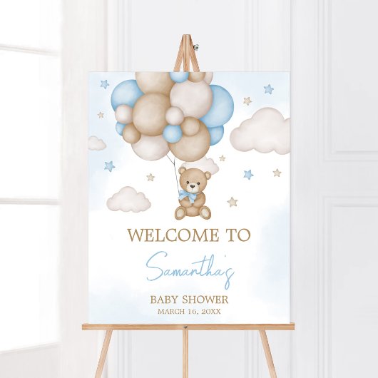 Blue Bear Balloon Baby Dusche Willkommen Poster