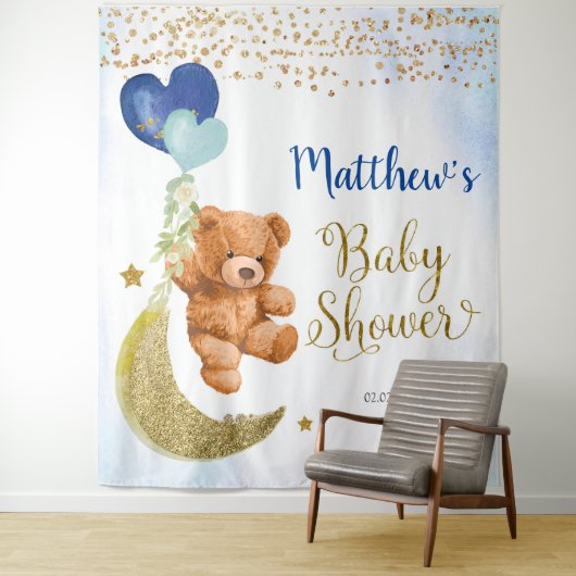 Blue Bear Balloon Baby Shower Sign Tapestry Wandteppich (Beispiel)