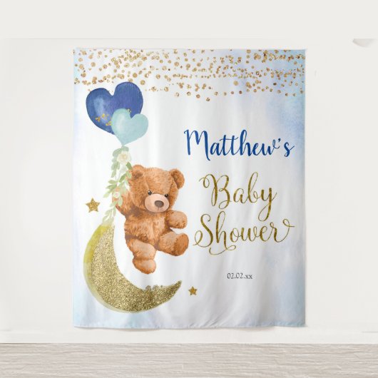 Blue Bear Balloon Baby Shower Sign Tapestry Wandteppich (Vorderseite)