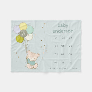 Blue Bear Balloon Boys Monogram Baby Milestone Fleecedecke