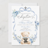 Blue Bear Baptism Bow Coquette Invitation Einladung (Vorderseite)