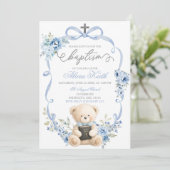 Blue Bear Baptism Bow Coquette Invitation Einladung (Stehend Vorderseite)