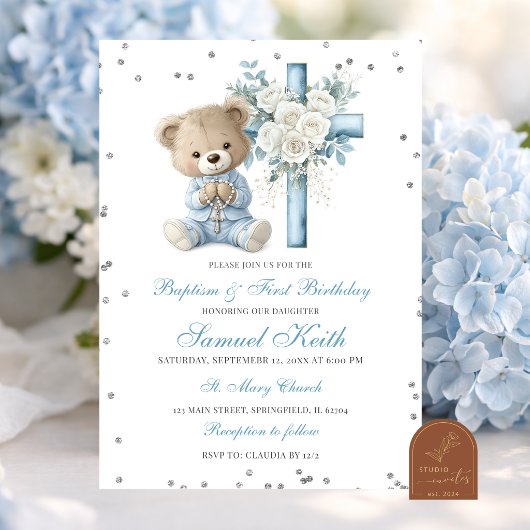 Blue Bear Baptism & First Birthday Invitation Einladung