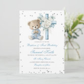 Blue Bear Baptism & First Birthday Invitation Einladung (Stehend Vorderseite)
