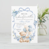 Blue Bear Bow Coquette Baby Shower Invitation Einladung (Stehend Vorderseite)