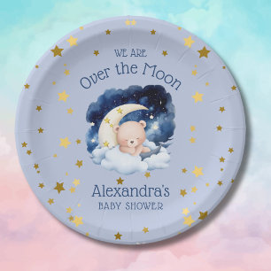 Blue Bear Gold Stars über der Mond Baby Dusche Pappteller