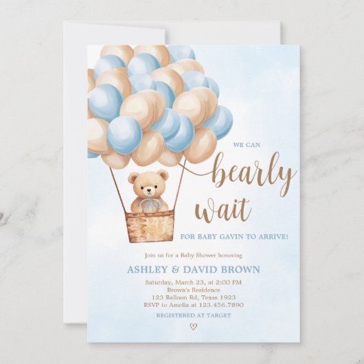 Blue Bear Hot Air Ballon Babydusche Einladung (Vorderseite)