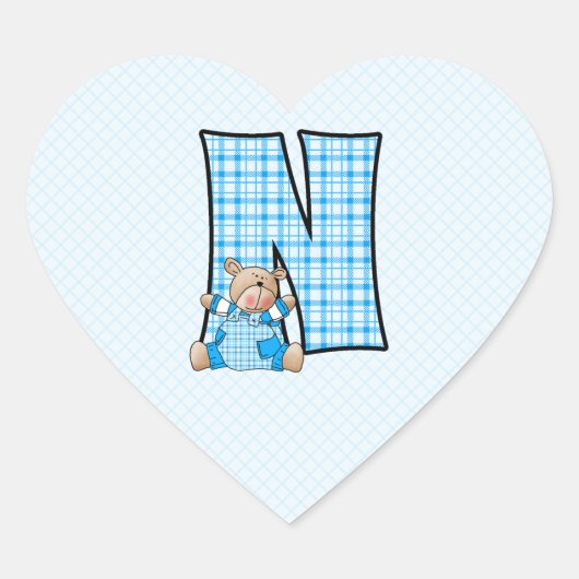 Blue Bear Monogram Letter N Gingham Herz-Aufkleber (Vorderseite)