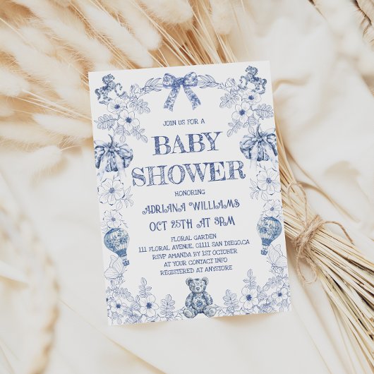 Blue Bear Pumpkin Toile Boy Baby Dusche Einladung