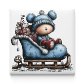 Blue Bear Santa Sled Christmas Magnet