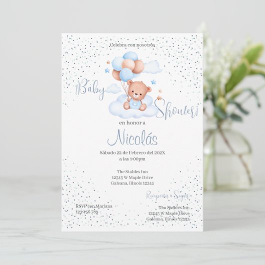 Blue Bear Spanish Baby Shower Boy Einladung (Stehend Vorderseite)