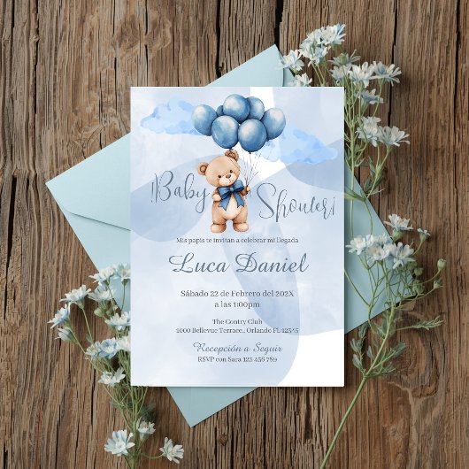 Blue Bear Spanish Baby Shower Boy invitation Einladung