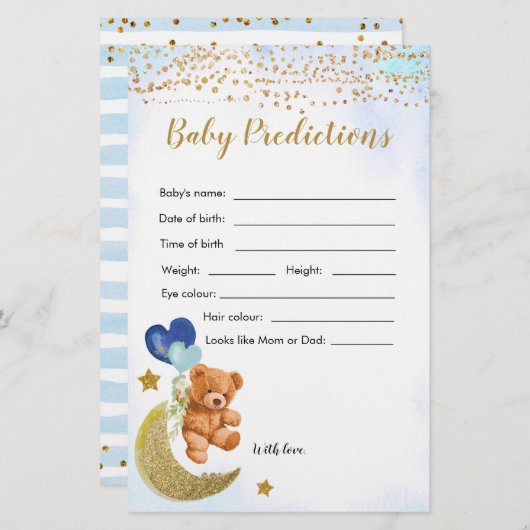 Blue Bearly Baby Shower Baby Predictions Spiele (Vorne/Hinten)