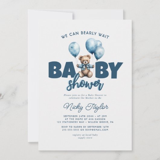Blue Bearly Wait Baby Dusche Einladung (Vorderseite)