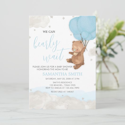 Blue Bearly Wait Baby Dusche Einladung (Stehend Vorderseite)