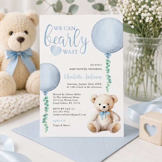 Blue Bearly Wait Baby Dusche Einladung Boy