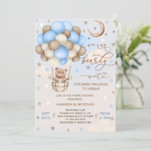 Blue Bearly Wait Teddy Bear Boy Baby Dusche Einladung (Stehend Vorderseite)