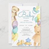 Blue Bears & Balloon Wasserfarbe - Niedliche Babyd Einladung (Vorderseite)