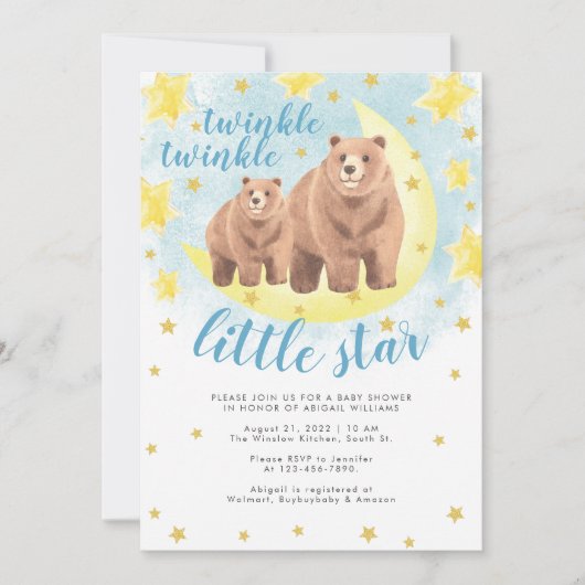 Blue Bears Gold Twinkle Little Star Baby Dusche Einladung (Vorderseite)