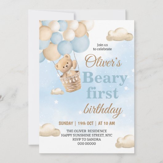 Blue Beary First Birthday Einladung (Vorderseite)