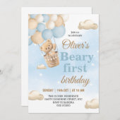 Blue Beary First Birthday Einladung (Vorne/Hinten)