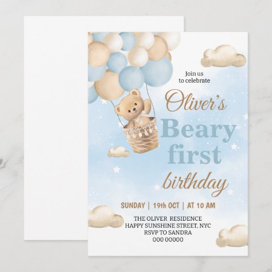 Blue Beary First Birthday Einladung (Vorne/Hinten)