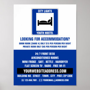 Blue Bed Logo, Jugendherbergswerbung Poster