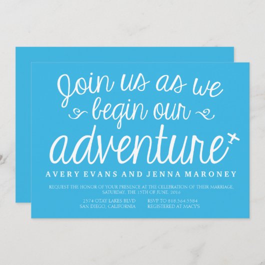 Blue Beginnt unser Adventure Flugzeug Hochzeitsein Einladung (Vorne/Hinten)