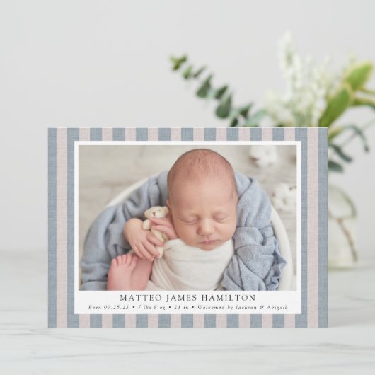 Blue & Beige Bauernhof Linen Streifen 2 Foto Gebur Ankündigung (Stehend Vorderseite)