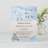 Blue Beige Bear Boy Baby Dusche Einladung (Stehend Vorderseite)