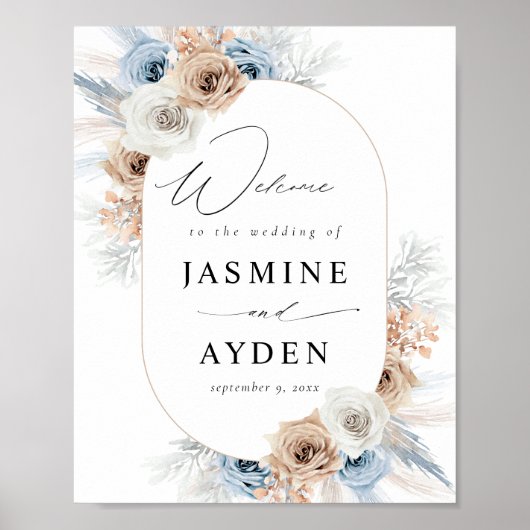 Blue & Beige Boho Floral Begrüßungszeichen Poster (Vorne)
