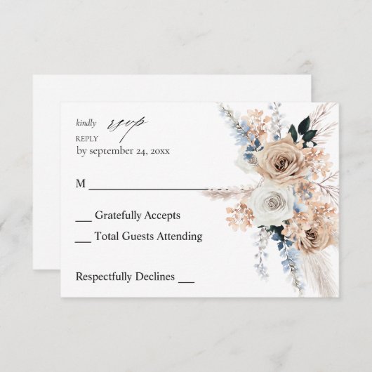 Blue & Beige Boho Floral no Messe UAWG RSVP Karte (Vorne/Hinten)