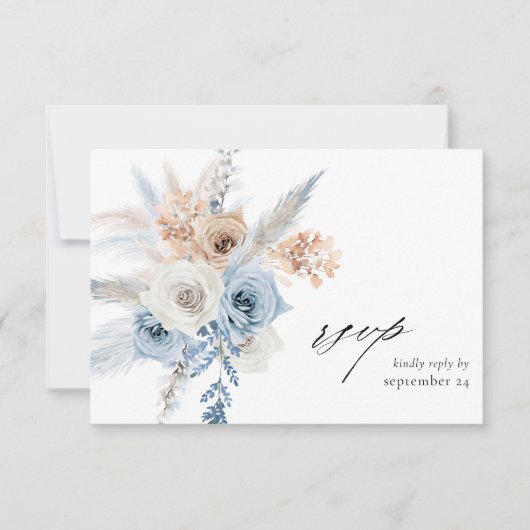 Blue & Beige Boho Floral w Meal RSVP Card Karte (Vorderseite)