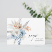Blue & Beige Boho Floral w Meal RSVP Card Karte (Stehend Vorderseite)