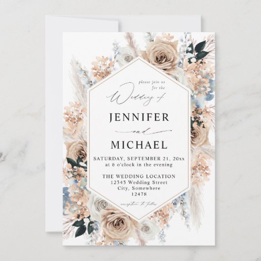 Blue & Beige Boho Floral Wedding Einladung (Vorderseite)
