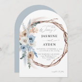 Blue & Beige Boho Floral Wreath Wedding Blue-Arc Einladung (Vorne/Hinten)