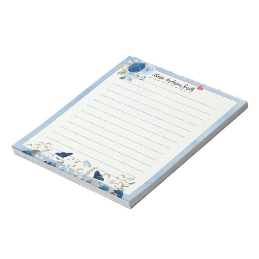 Blue Beige Floral Heart Custom Name Notepad Notizblock (Rotiert)