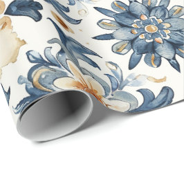 Blue & Beige Floral Tile Wrapping Paper, Antique  Geschenkpapier