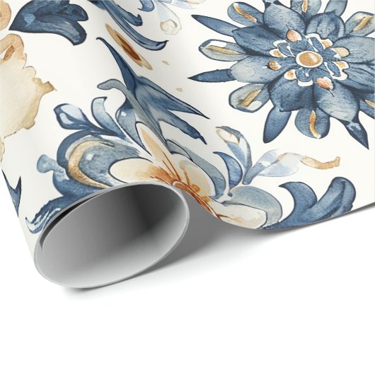 Blue & Beige Floral Tile Wrapping Paper, Antique Geschenkpapier (Rolleneckpunkt)