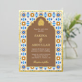 Blue Beige Geometric Islamic Wedding Gold Folieneinladung (Stehend vorne)
