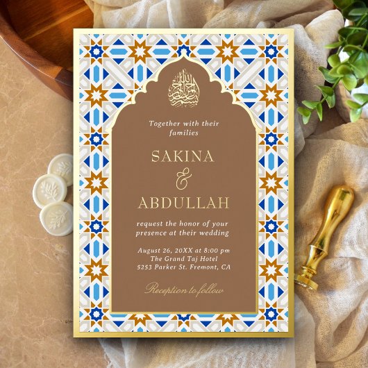 Blue Beige Geometric Islamic Wedding Gold Folieneinladung