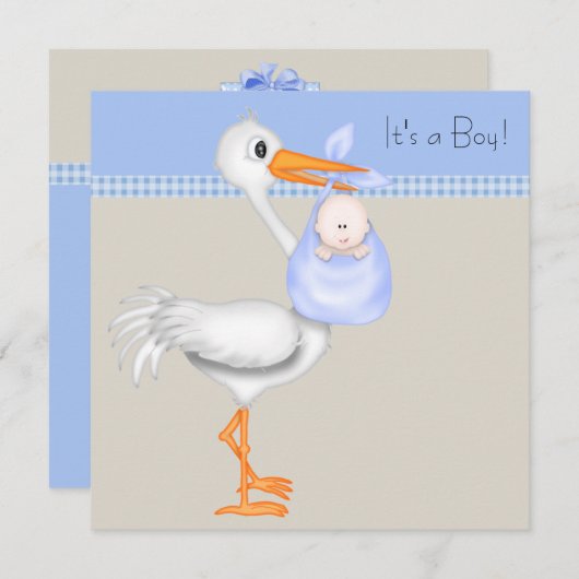 Blue Beige Gingham Stork Baby Boy Dusche Einladung (Vorne/Hinten)