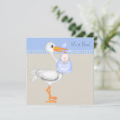 Blue Beige Gingham Stork Baby Boy Dusche Einladung (Stehend Vorderseite)